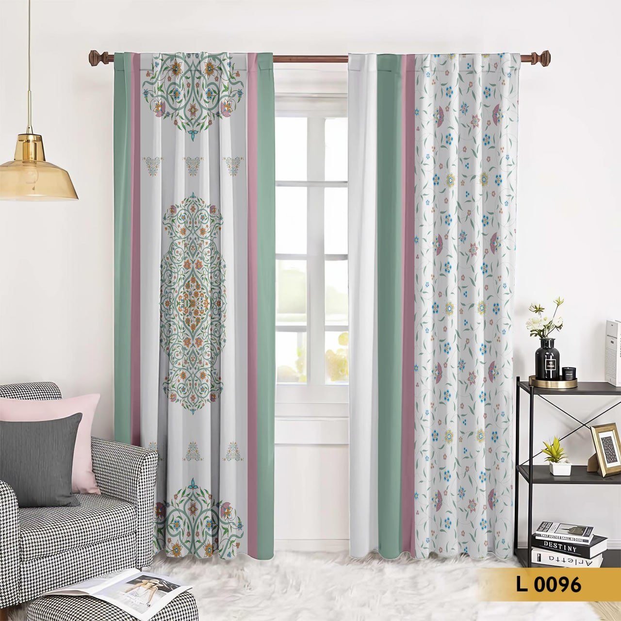 ستارة طباعة 3D بخطوط ملونة ونقوش شرقية وزهور – ألوان وردي وباستيل – موديل L0096